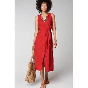 J. Jill Womens Linen Blend Button Front Shirt Dress MP Red V Neck Belted Pockets